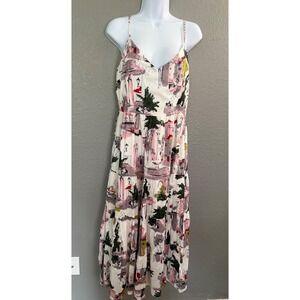 Lazybones Dress Scenic Cityscape Print Tiered Maxi MED Pink Green White Lined